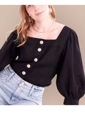 J Crew Square Neck Button Front Black Linen Top XS